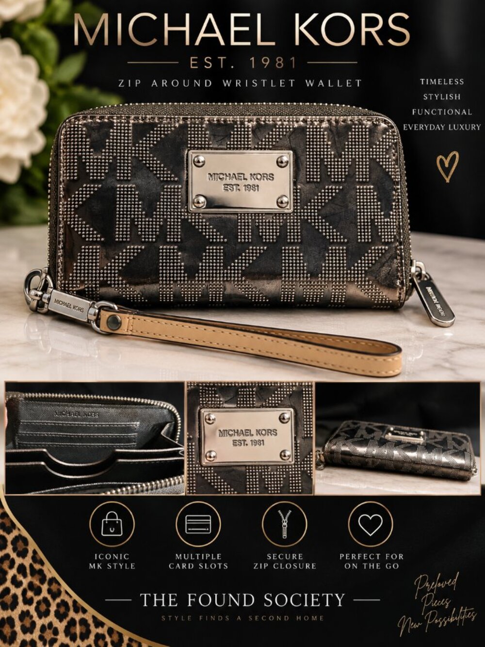 Michael Kors Metallic Gunmetal MK Logo Zip Around Wristlet Wallet
